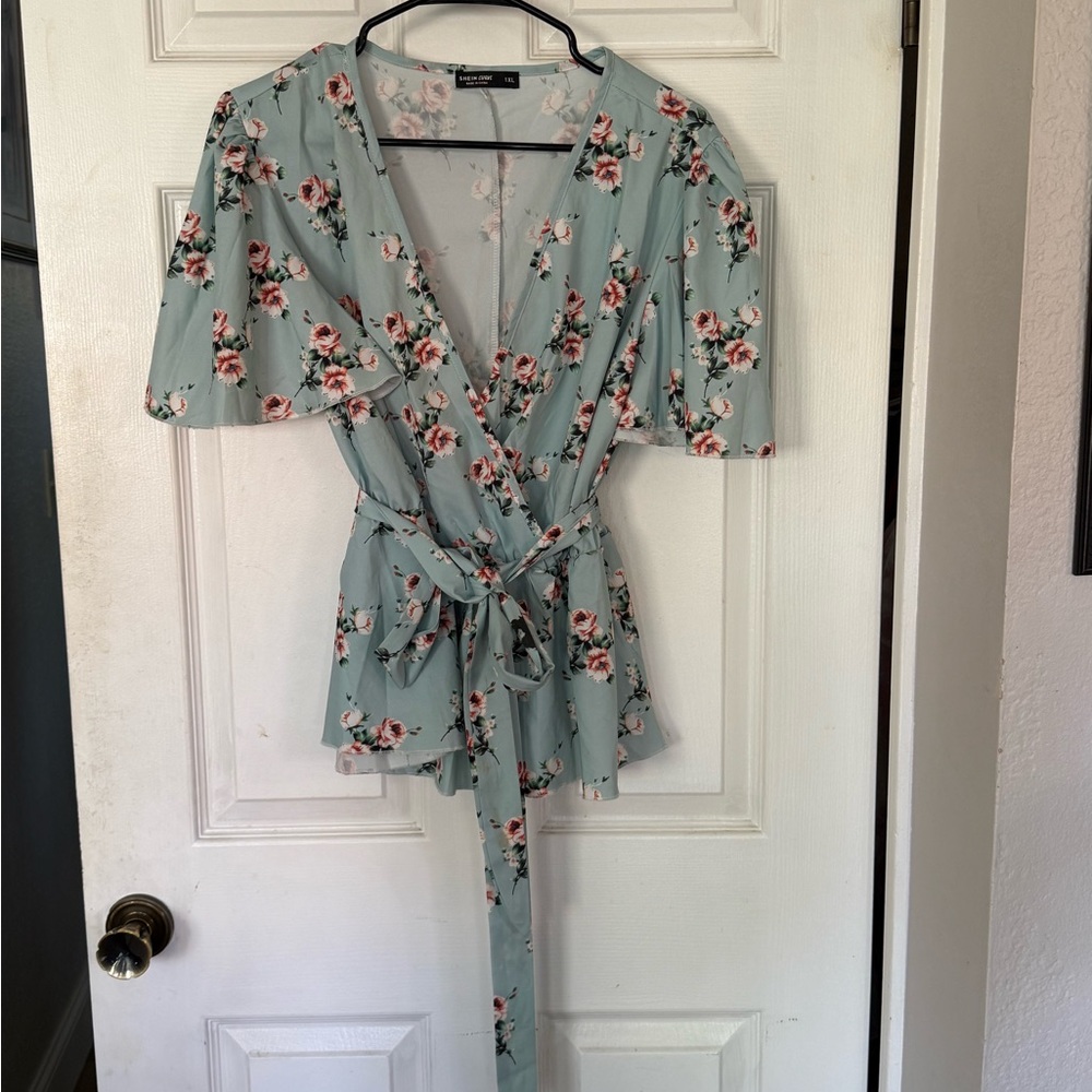 Shein floral waist tie blouse
